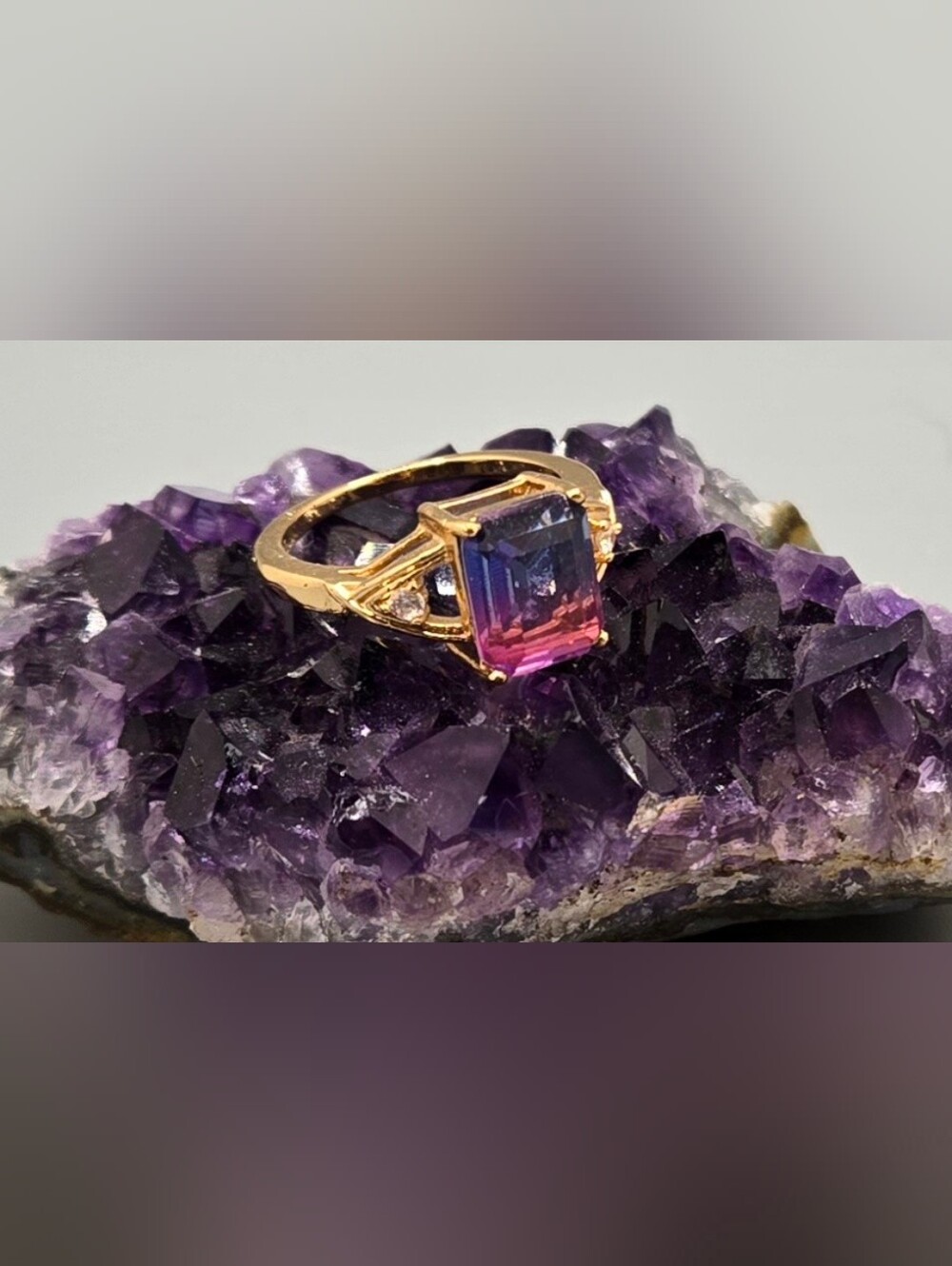 Gold Vermeil Ring w/ Bi-color Tourmaline & CZs Size 7